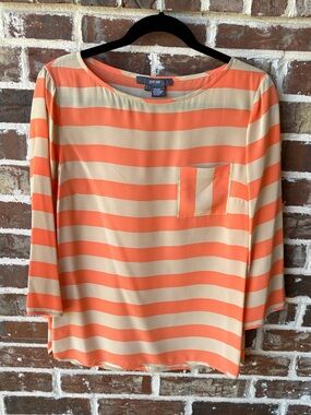 per se Orange Macadamia Horizontal Stripe Popover Silk Top Size 10